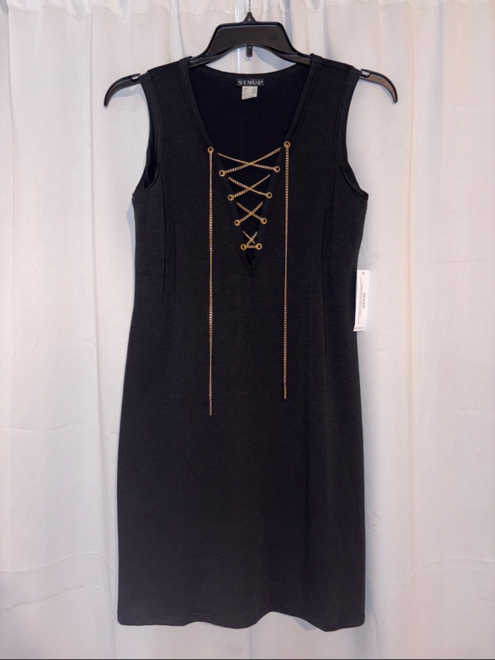 VENUS Black Sleeveless Mini Dress with Gold Lace-Up Chain